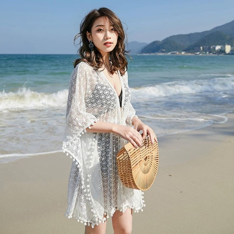 25520 Fashion Pakaian luaran auter outer lace renda brokat brukat pompom pinggang taki serut putih b