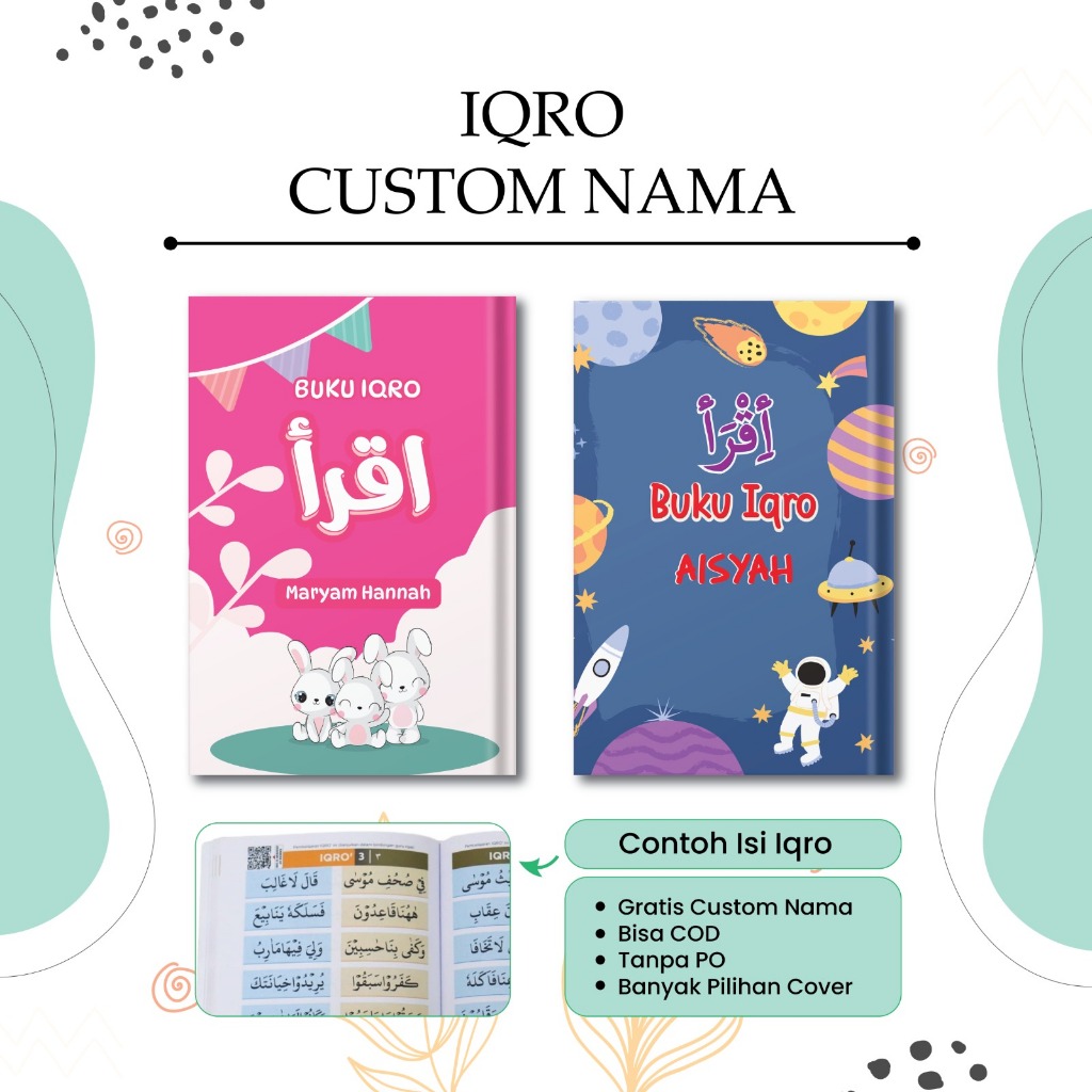 Buku Iqro Custom Nama & Foto Gratis Fullcolor Blackwhite Hardcover Softcover Iqro Milenial A5