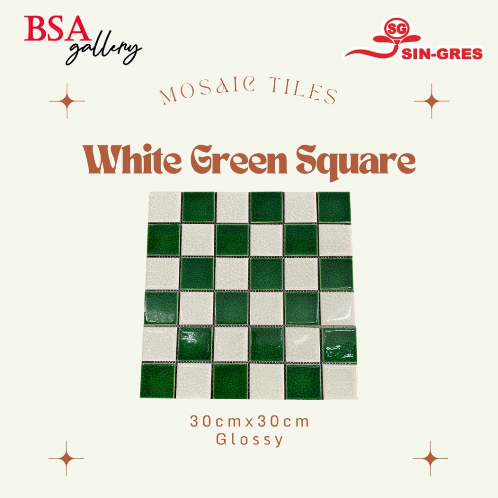 MOSAIC TILE KOTAK HIJAU PUTIH / MOSAIC KOTAK GLOSSY / KERAMIK MOSAIC DINDING LANTAI / MOZAIK