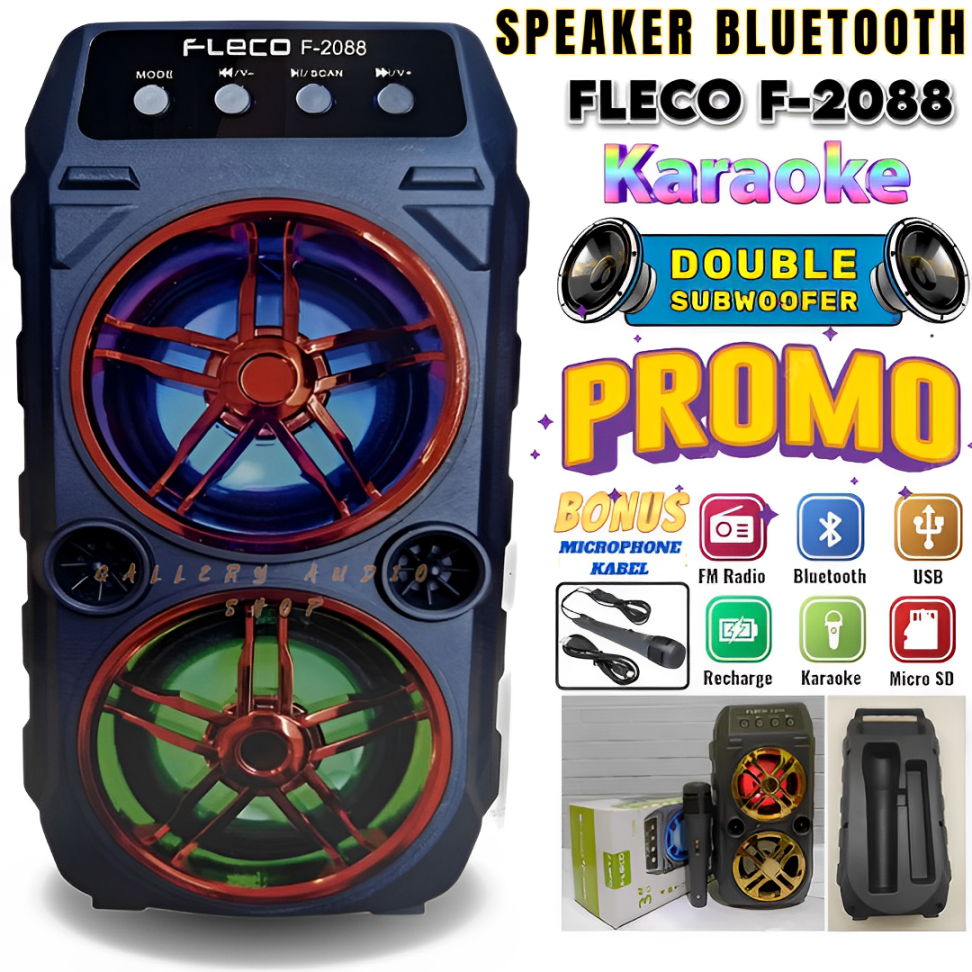 Speaker Bluetooth FLECO F-2088 Full Bass | Speaker Karaoke Portable USB + TF CARD + FM Radio [ GRATI