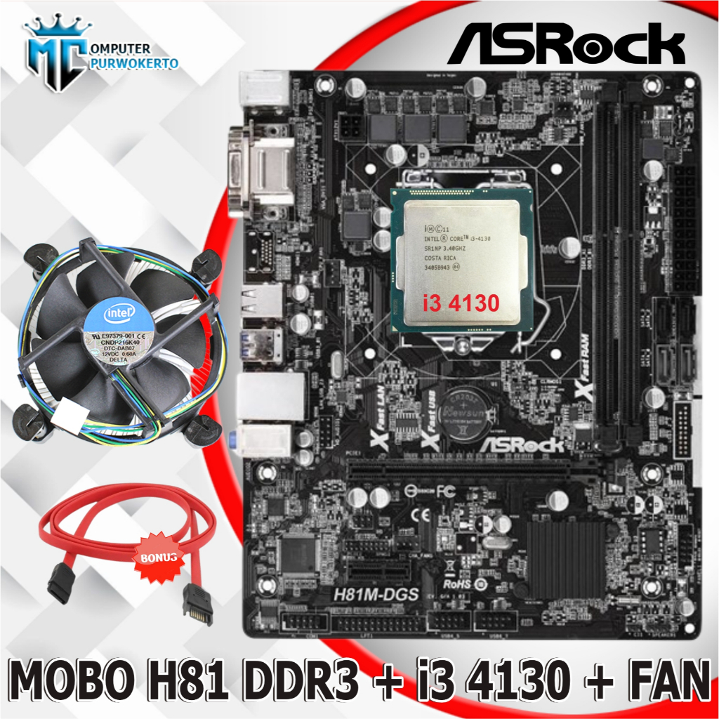 Motherboard Mainboard H81 Asrock Dengan Processor I3 4130 Dan Fan