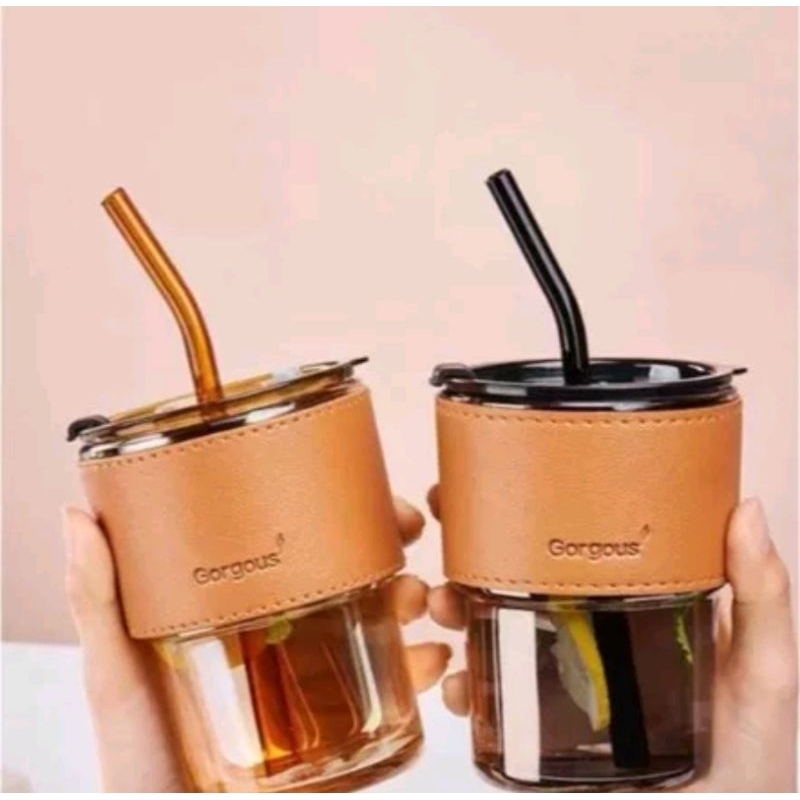 Tumbler Kaca + Sedotan 400mL - Tumbler Minum Bahan Kaca Aesthetic / Tumbler Gelas Kaca 2in1