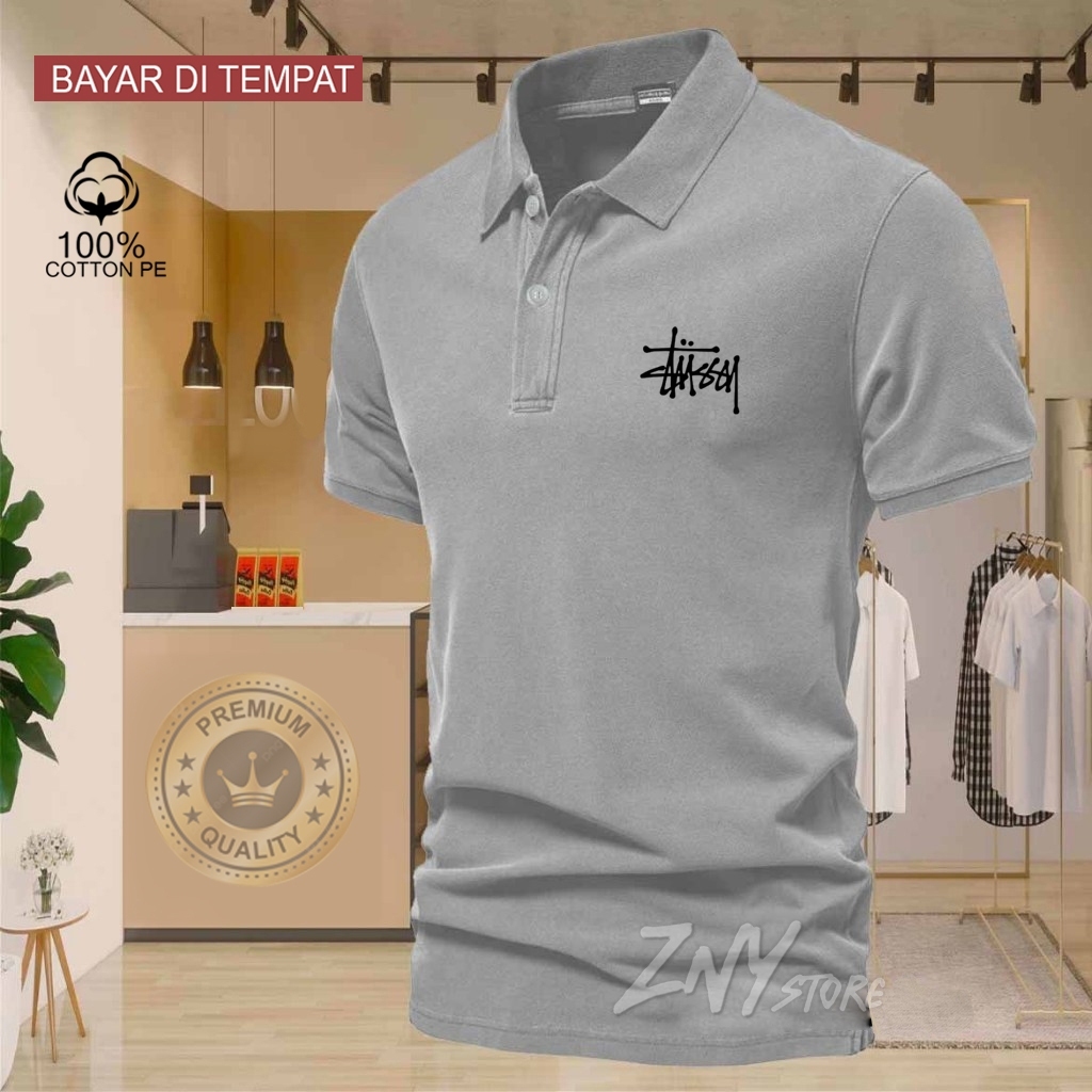 COD T-shrit POLO kerah Stussy logo Hitam Baju Kaos Kerah Dewasa Shirt / Kaos Wangki Pria Polo / Kaos