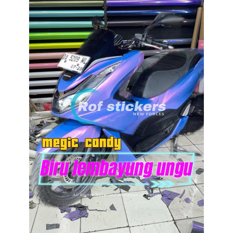 

sticker skotlet motor biru lembayung ungu megic candy harga per 50cm