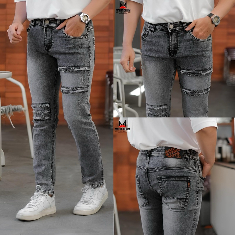 Celana Pria Jeans Sobek Lutut Abu Abu Best Premium