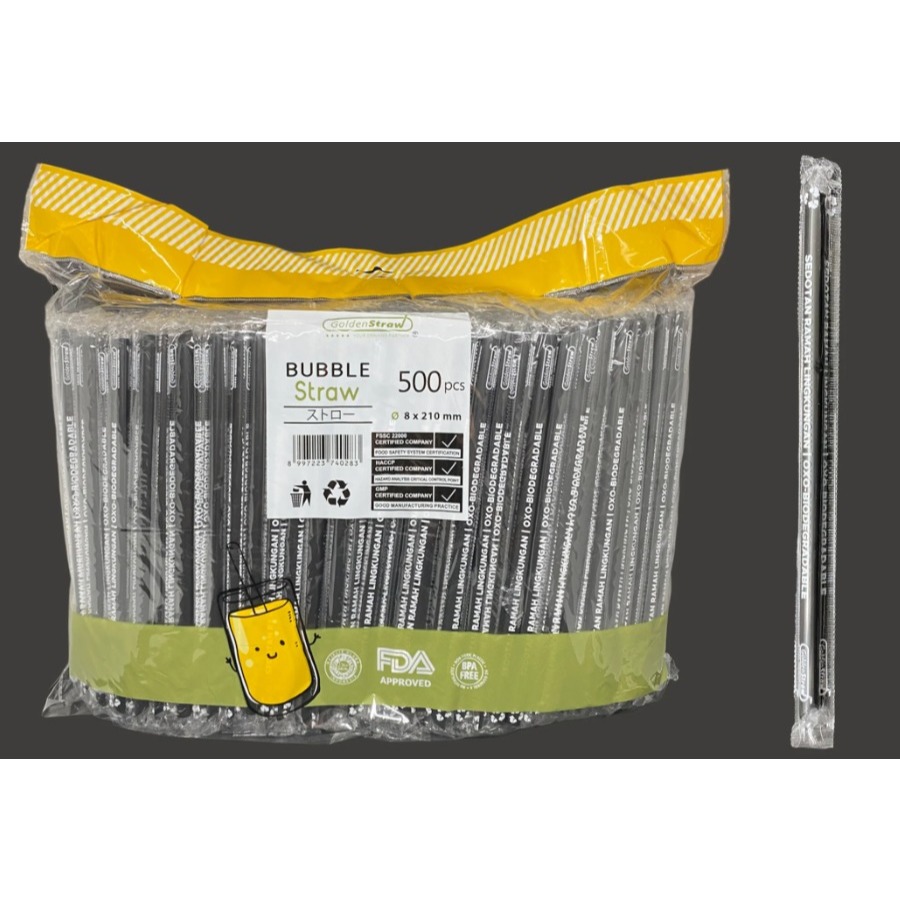 Golden Straw 6 mm Isi 500 Sedotan Es Boba Bubble Teh Hitam Putih Steril Bungkus Plastik Kertas
