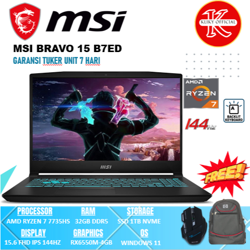 MSI BRAVO 15 B7ED AMD RYZEN 7 7735HS 16GB DDR5 512GB RX6550M-4GB 144HZ Black