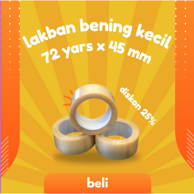 

LAKBAN BENING, LAKBAN MURAH MERIAH, LAKBAN SUPER KUAT, LAKBAN BENING KECIL 72 YARD X 45 MM, LAKBAN BERKUALITAS