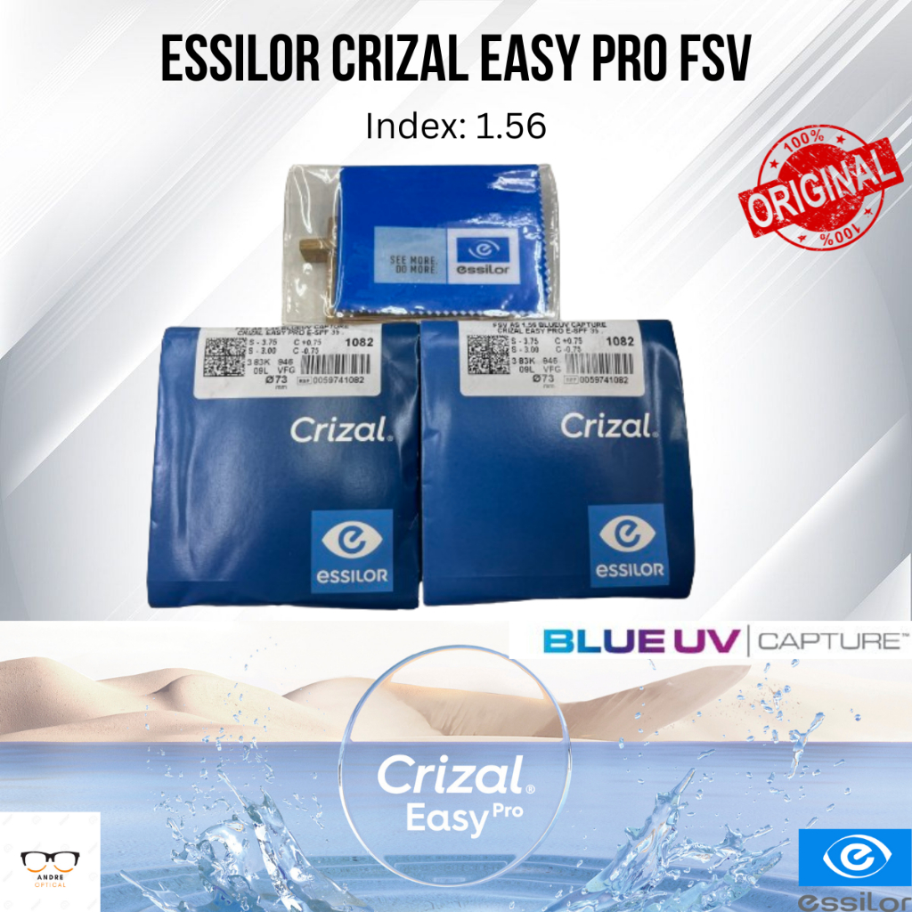 Lensa Kacamata Blueray Essilor Crizal Easy Pro Blue UV Capture FSV Super 1.56