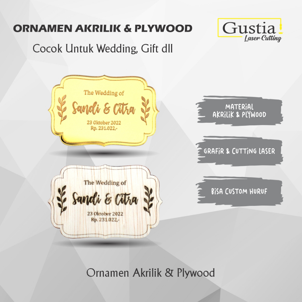 Laser Cut Grafir Nama Kayu Mahar Label Ukir | Seserahan Mahar | Chipboard | Scrapbook | Kado Gift | 