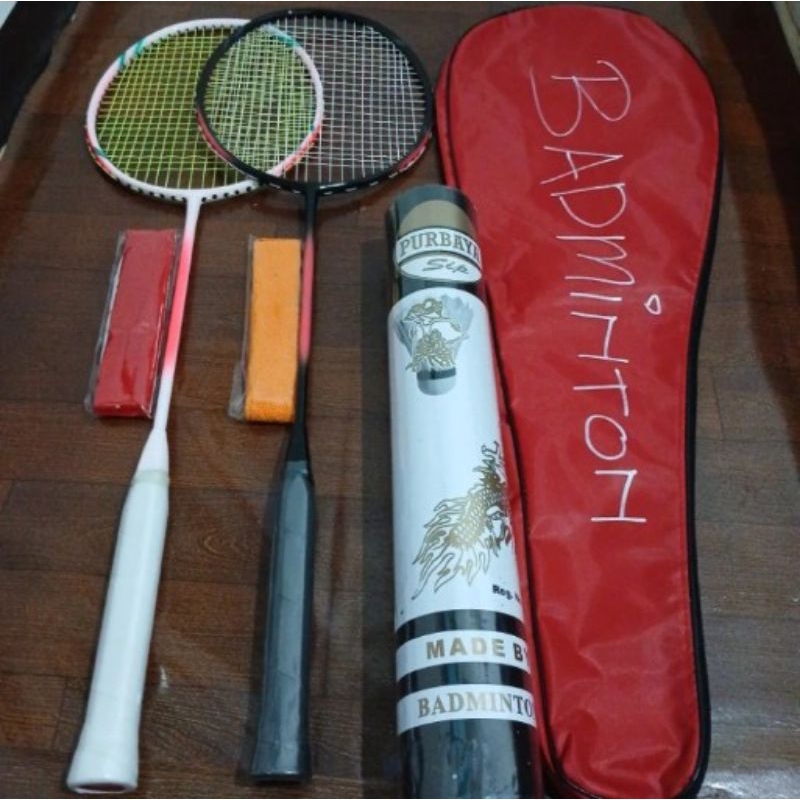 Raket Badminton Komplit 2 raket, Tas, 2 grip, dan 1 slop kok isi 12 ( Bisa COD )