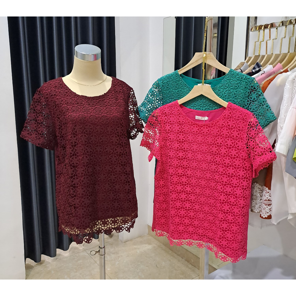 Baju Wanita Lansia Brukat Motif Bunga Bulat - A1205 Hijau, Merah, Pink