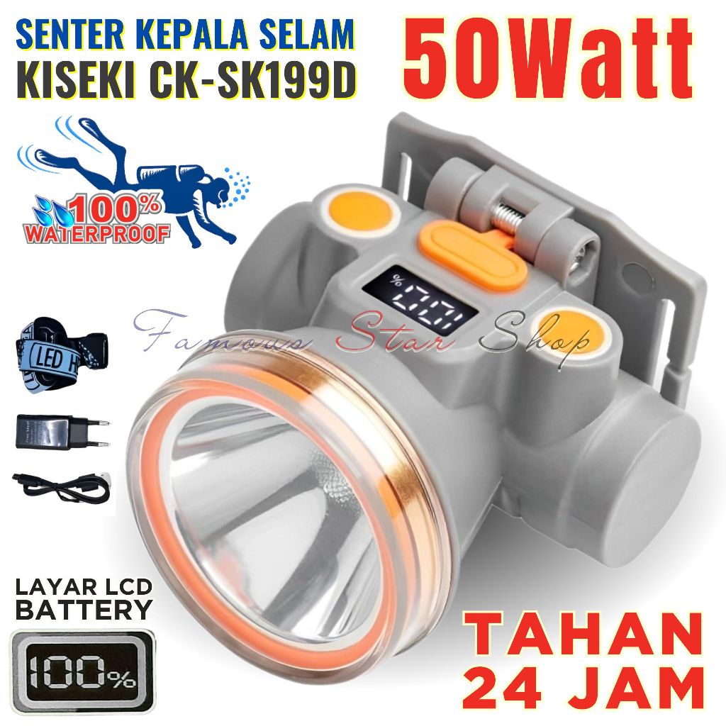 Senter Kepala Selam 50 Watt KISEKI CK-SK199D Cahaya Putih Super Terang Batrai 5000mAh ~ Headlamp Sup