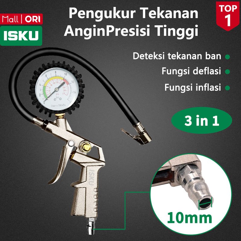 Tire Pressure Gauge Tire Inflator Air Pressure Gun Isi Ukur Tekanan Angin 3 in 1 Tire Gauge Alat Pen