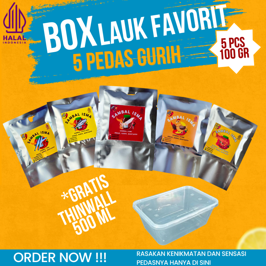 

BOX PAKET 5 SAMBAL GURIH FAVOURITE PASTI KETAGIHAN ISI 100 GR CUMI AYAM TONGKOL UDANG TERI