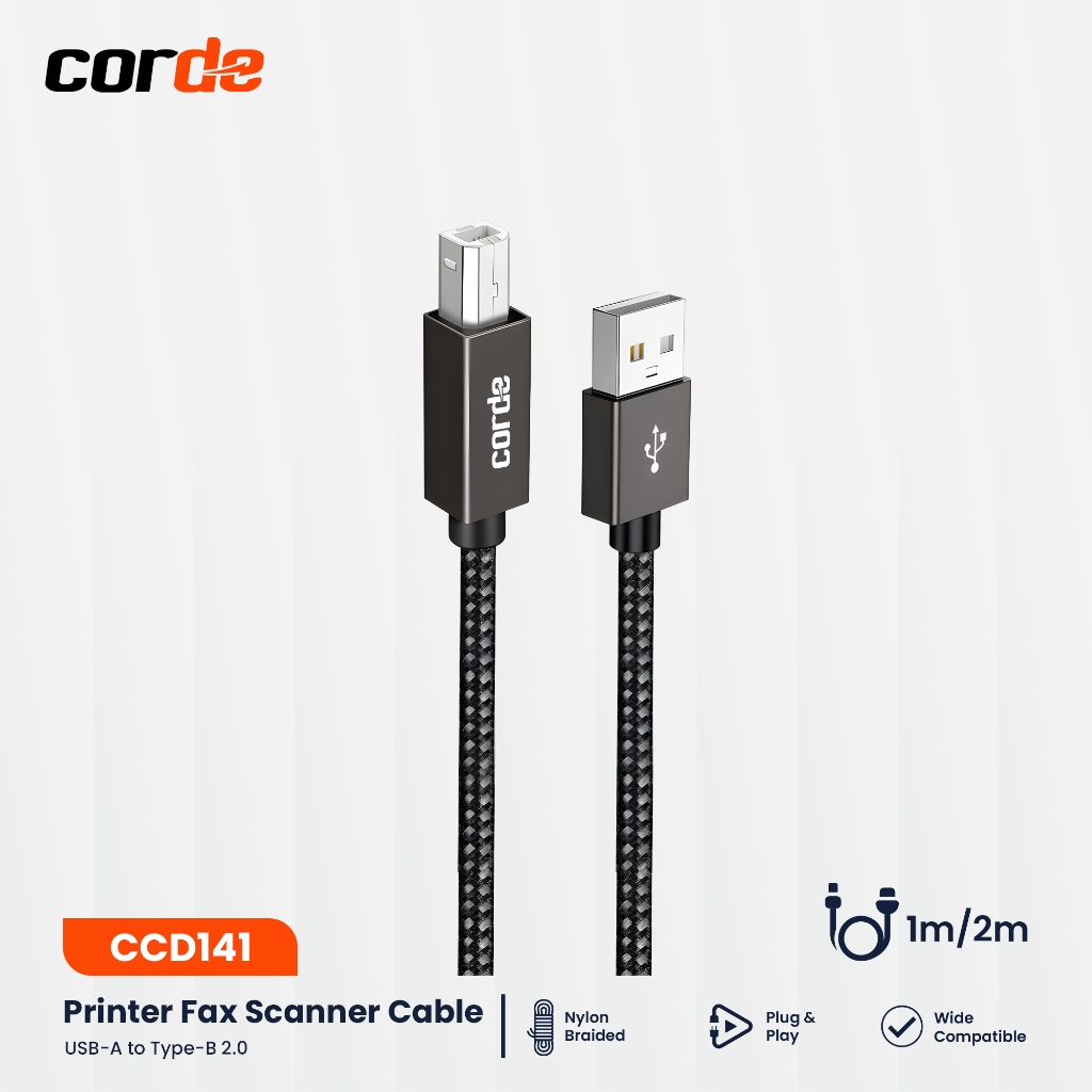 CORDE Kabel Printer USB 2.0 Canon HP Epson Nylon Braided Hitam Kabel Power Printer Panjang 1m 2m