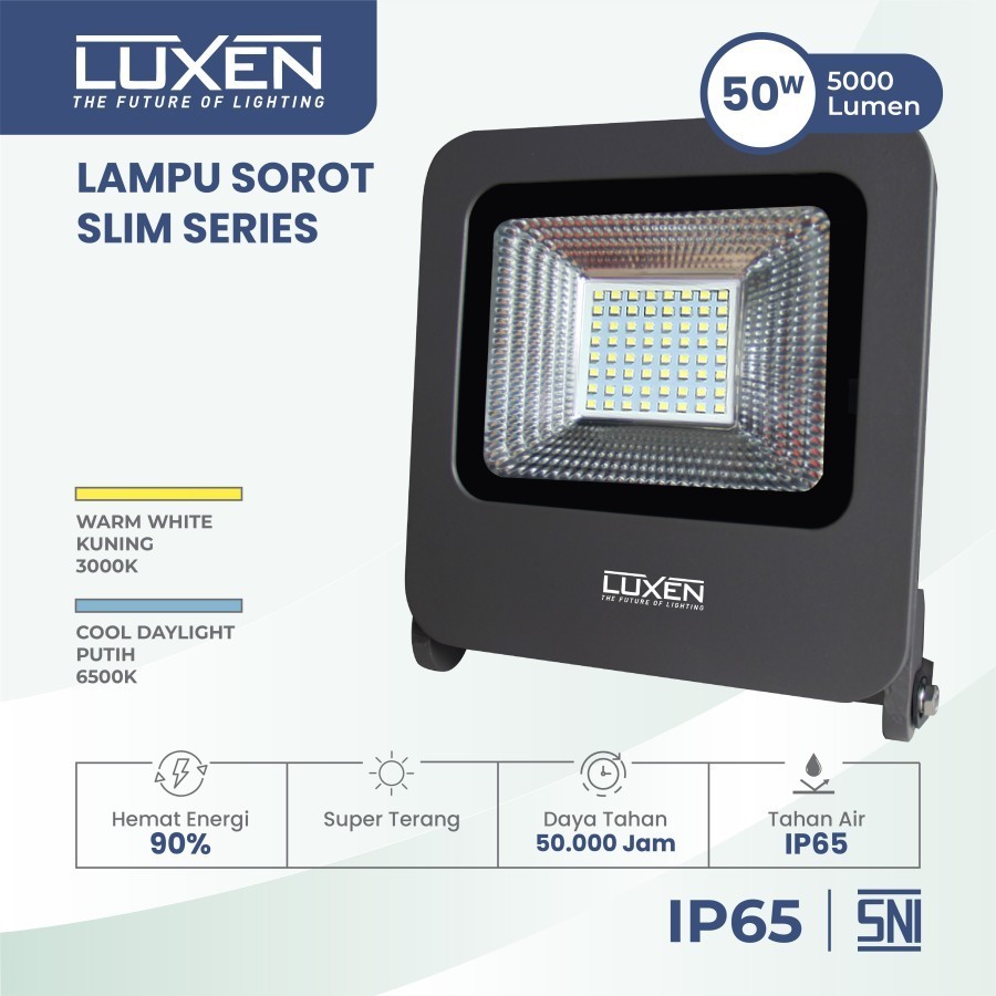 LUXEN LAMPU SOROT LED FLOOD LIGHT 50W 50 WATT CAHAYA KUNING (WARM WHITE) ANTI AIR