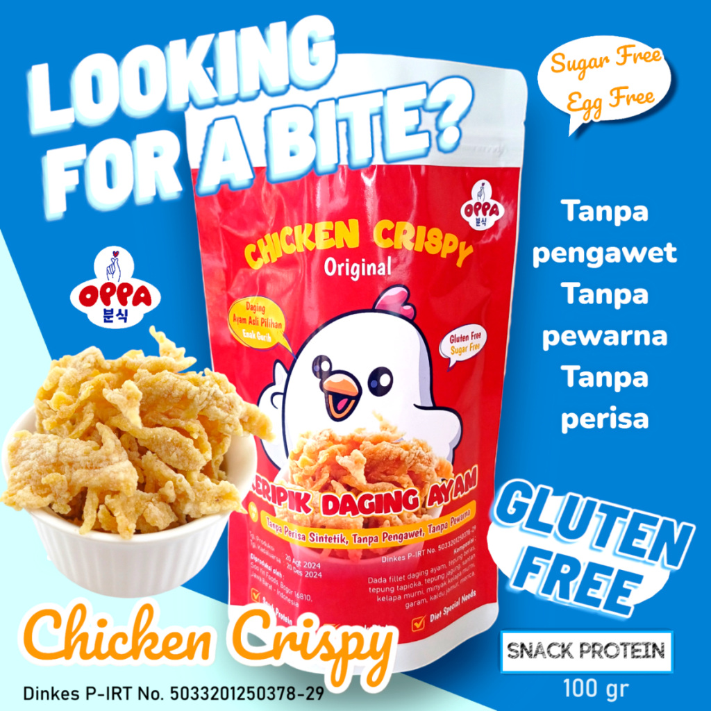 

Oppa Chicken Crispy Gluten Free Egg Free/Oppa Keripik Daging Ayam Bebas Gluten Tanpa Telur Snack Protein Diet 100 Gram