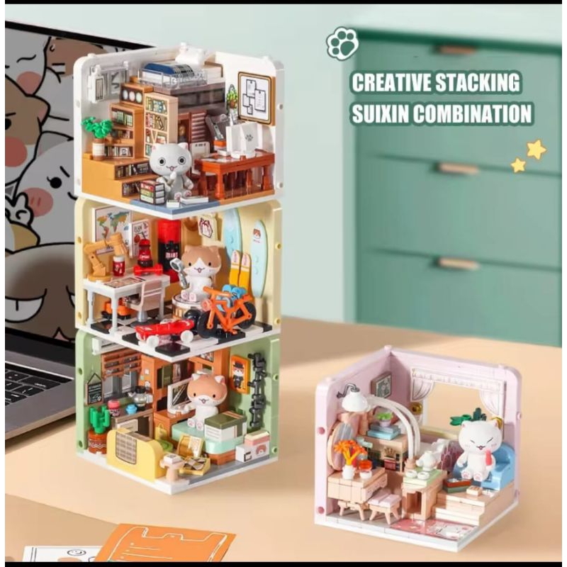 INBRIXX Rumah Kucing Lucu Anime Street View Cute Cat Building Blocks LOZ Lego Bricks