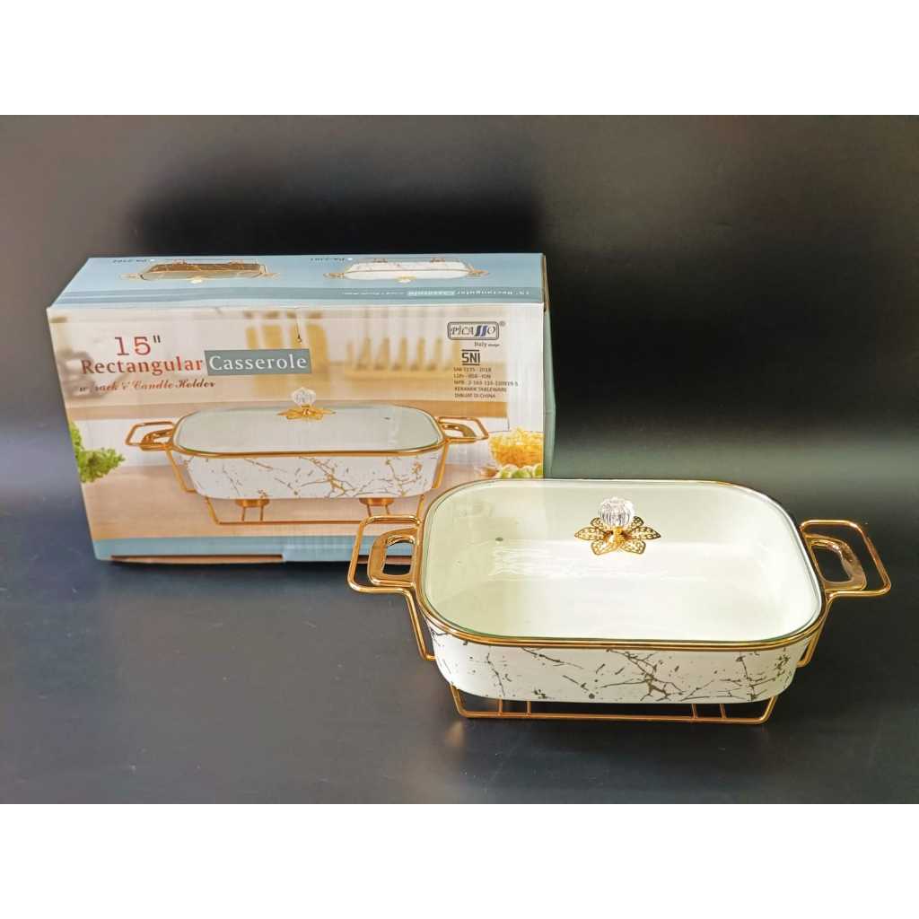 FOOD WARMER PICASSO WHITE MARBLE GOLD BULAT / PRASMANAN SEGI KERAMIK TUTUP KACA