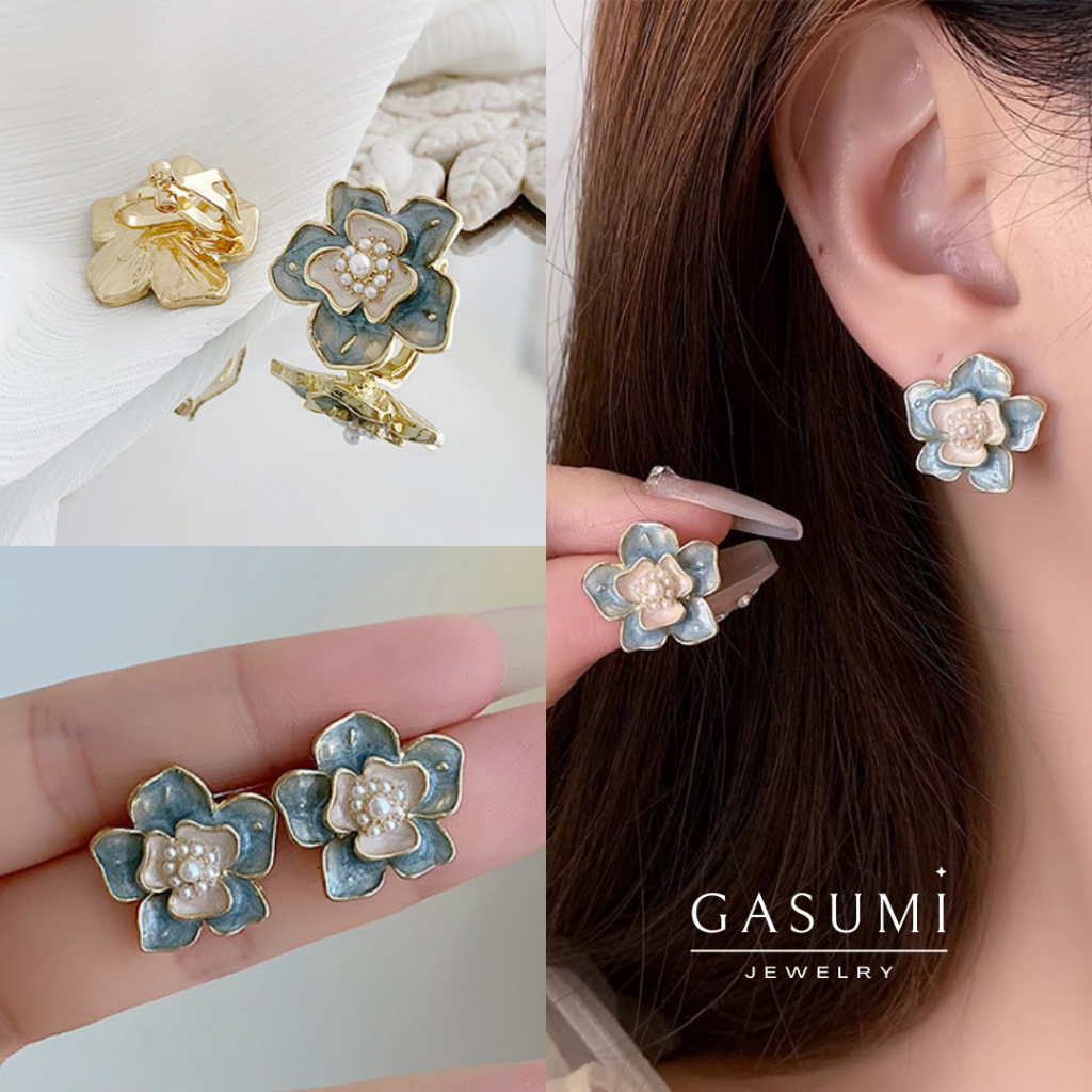 SAFIRA - Anting Tanpa Tindik Jepit Bunga Biru Elegan Wanita Emas Earclip Flower Blue Rose Giwang Kli