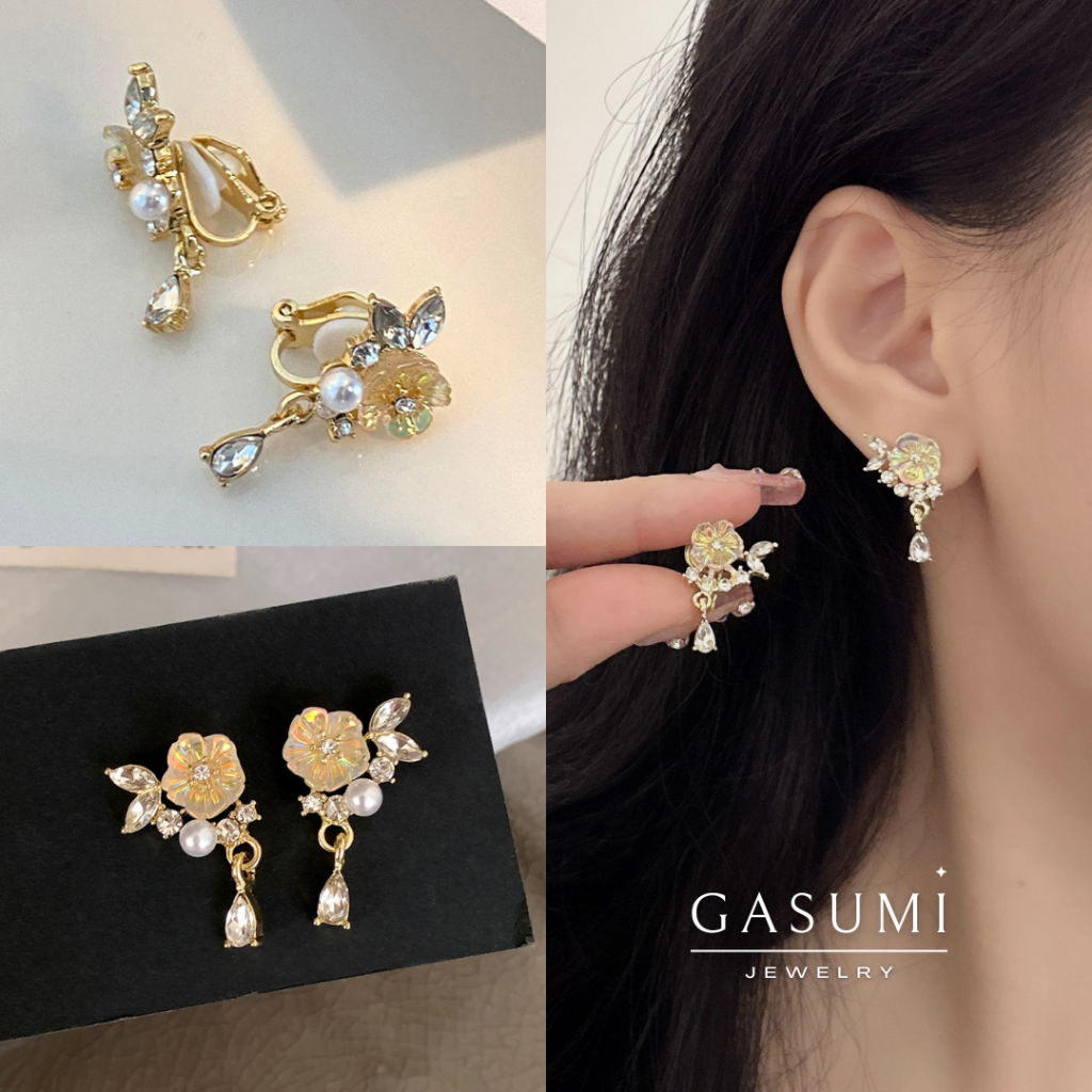 KALINA - Anting Tanpa Tindik Jepit Bunga Kristal Elegan Wanita Emas Earclip Flower Crystal Rose Giwa