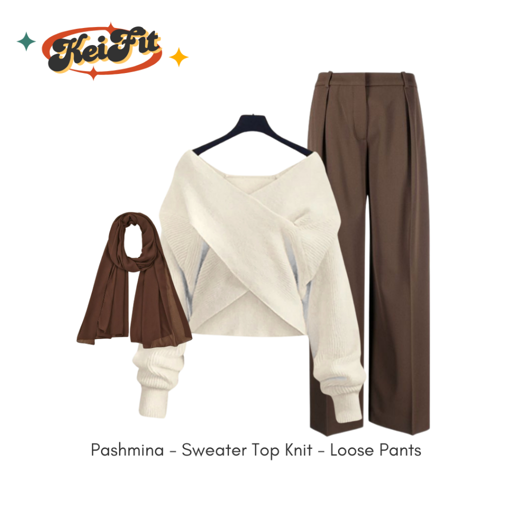 Lolita Outfit Set Remaja Kekinian ( Sweater Silang + Loose Pants + Pashmina ) One Set OOTD Wanita