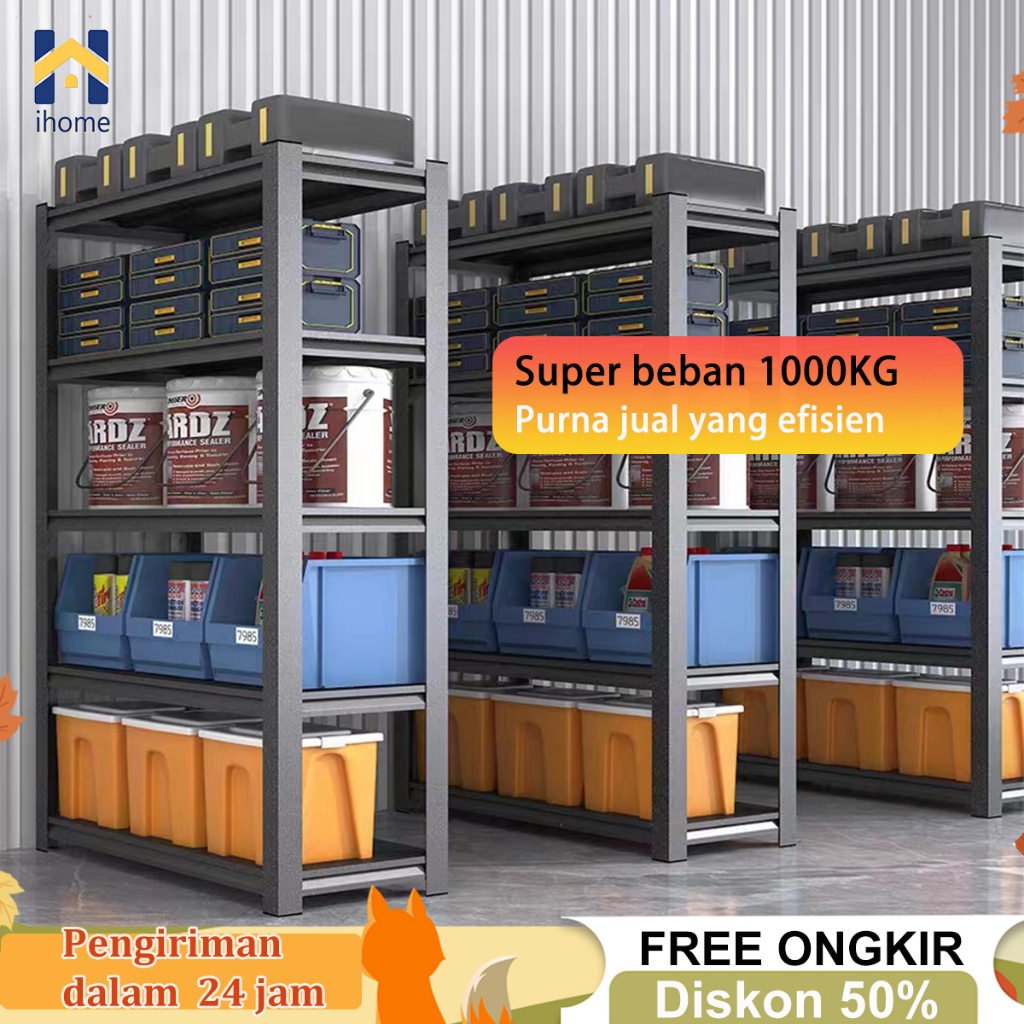 IH Rak Besi Siku Kokoh 120x40x200cm Rak Gudang Serbaguna Besi 100% Menahan berat 1000KG