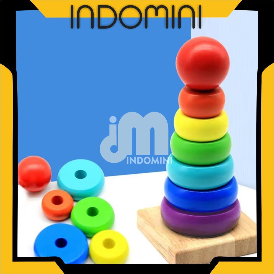 Indomini  Rainbow Tower / Menara Tower Donut / Menara Pelangi / Ring Donut Kayu / Mainan Edukasi Kayu T037