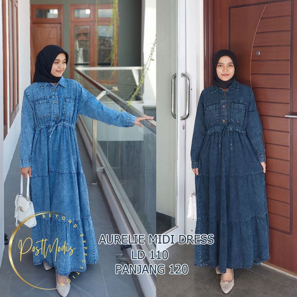 AURELIE GAMIS JEANS MIDI DREESS BAJU WANITA MUSLIM MODERN KEKINIAN TERBARU MURAH HAMIL DAN BUSUI