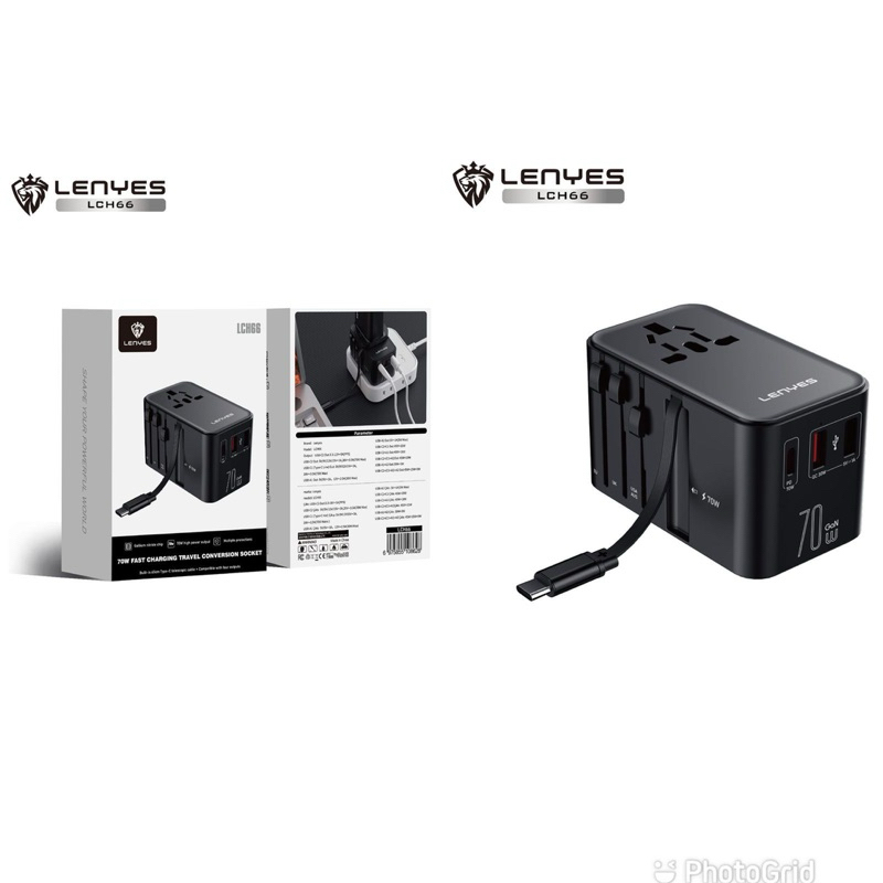 Charger LENYES LCH66 70W GaN + Adaptor International Charger Dual Port USB + Type C Fast Charging Built In Cable Type C