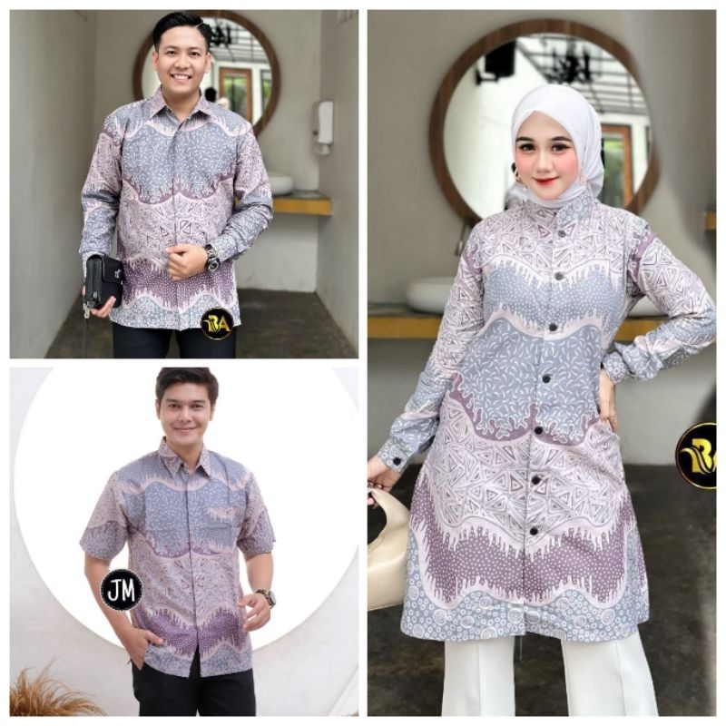 Couple sarimbit kemeja tunik hem batik piramid lilac bahan katun prima