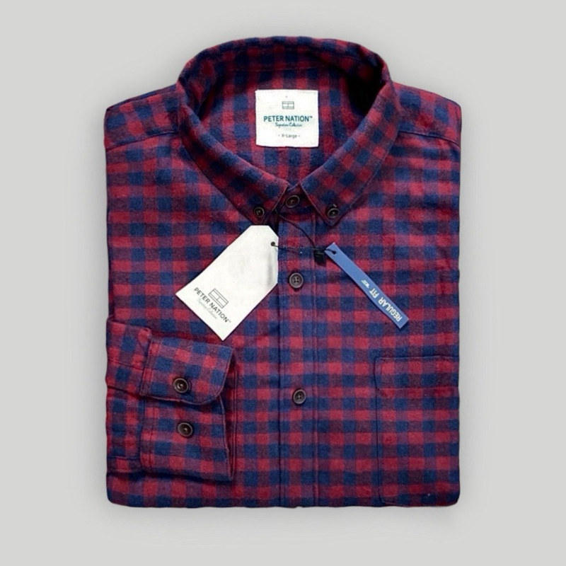 Peternation kemeja flanel pria wool basic panjang regular fit F1021