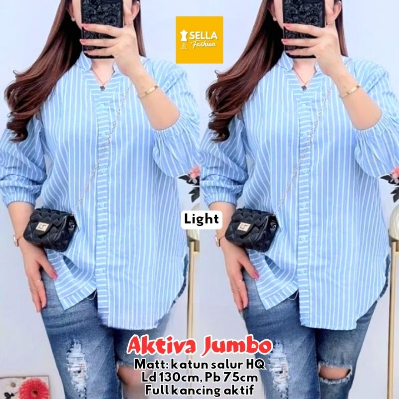 blouse katun salur jumbo aktiva kemeja wanita garis ld 110-130