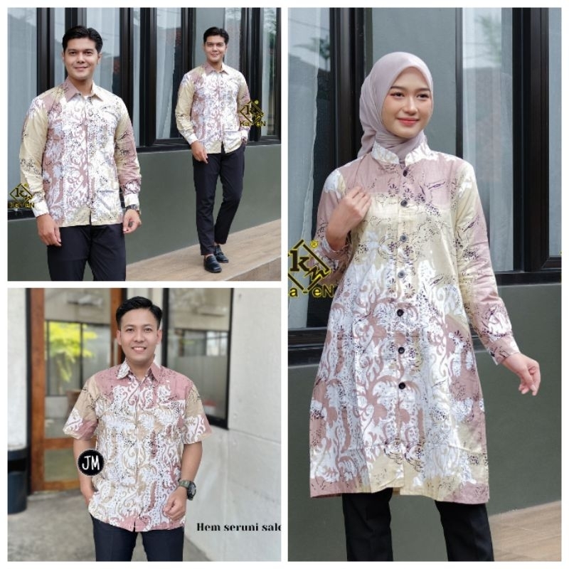 couple sarimbit atasan batik kemeja tunik hem motif vanila pink