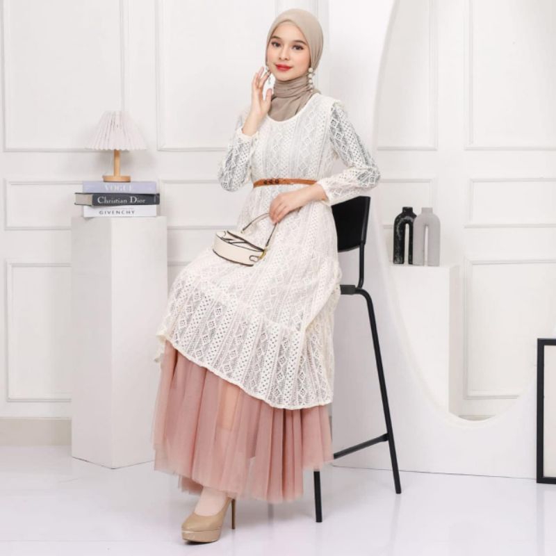 57301 Baju mididress ZIVA LACE EMBROIDERED BOHO MIDI DRESS katbol putih dres Korea Korean style wani