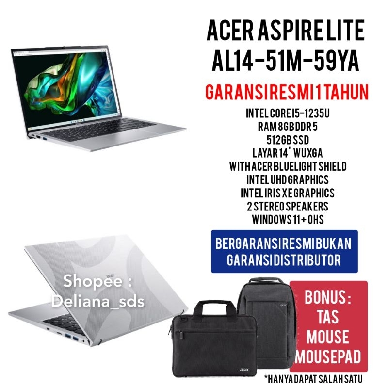 Laptop Acer Aspire Lite AL14-51M-59YA Intel Core i5-1235U 8GB/512GB SSD 14" WUXGA Garansi Resmi 1 Ta