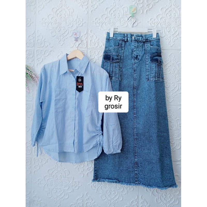 Setelan Wanita Tiara Blus katun Rok Span Kargo