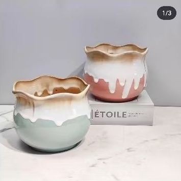 pot keramik ice melt glaze ukuran jumbo diameter besar 14cm pink hijau untuk bonsai sukulen kaktus l