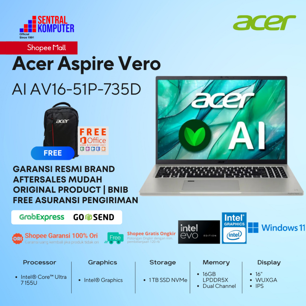 ACER Aspire Vero 16 AV16-51P Ultra 7-155U 16GB 1TB 16" WUXGA sRGB 100% W11 OHS