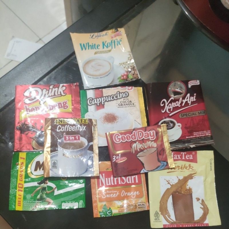 

Bungkus kapal api,indocafe, nutrisari,good day,luwak white coffe, dll