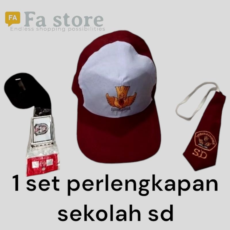

paket topi, dasi, dan ikat pinggang sekolah sd kelas 1-3 putra dan putri| 1 set perlengkapan sekolah sd kelas 1-3