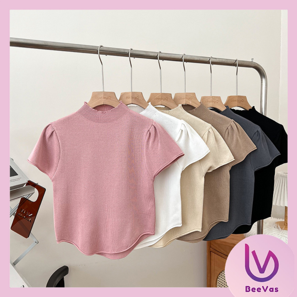 CUCI GUDANG BJ1647 Baju Inner Turtleneck Wanita Kerah Tinggi Atasan Rajut Lengan Pendek