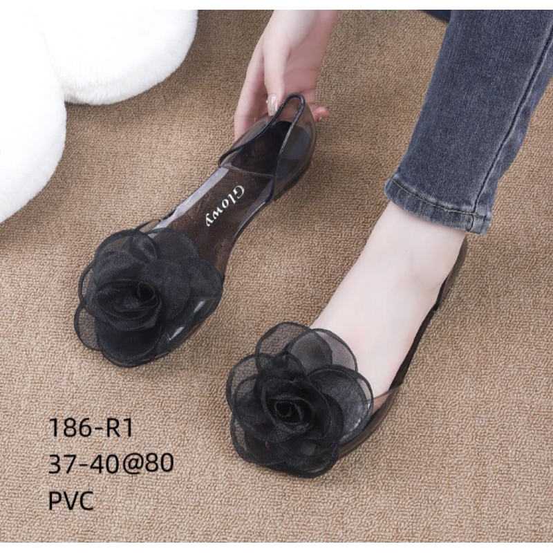 Sepatu Jelly FlatShoes Kaca Transparan Motif Mawar Import Wanita 186-D