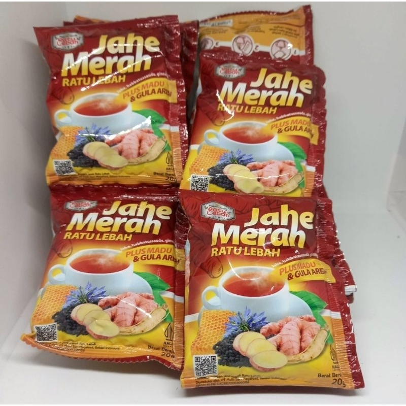 

Jahe Merah RATU LEBAH plus madu dan gula aren 1 renceng 10 sachet