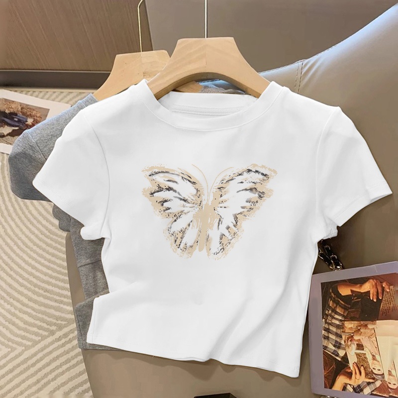 Baju Pendek Wanita Crop Top Ketat Putih Polos Wanita Korea Print Street Style Baju Basic Crop Top