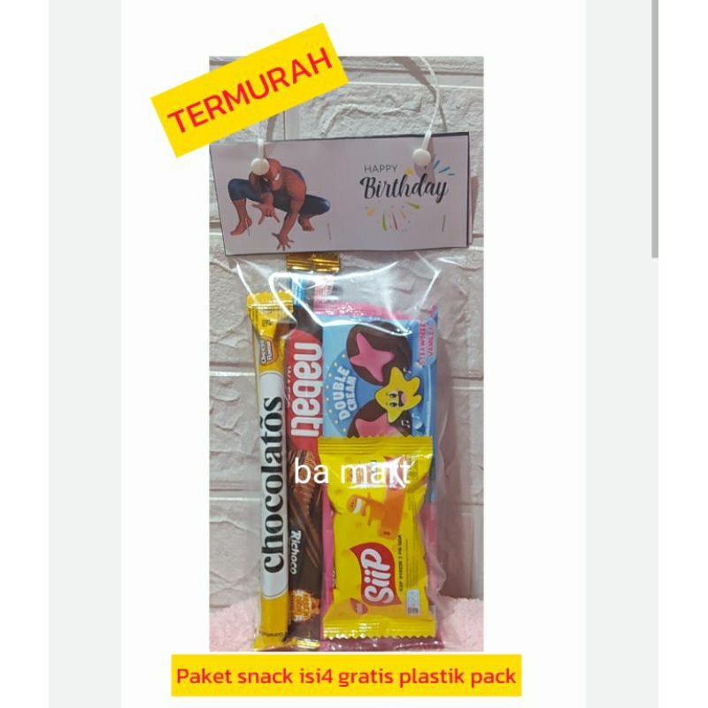 

PAKET SNACK MURAH ISI 4 GRATIS PLASTIK PACKING UNTUK ULANG TAHUN/HADIAH/HAMPERS
