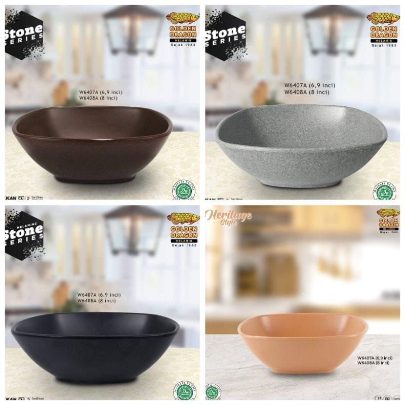 melamin stone mangkok kotak 8inch/mangkok besar/mangkok golden dragon W6408A