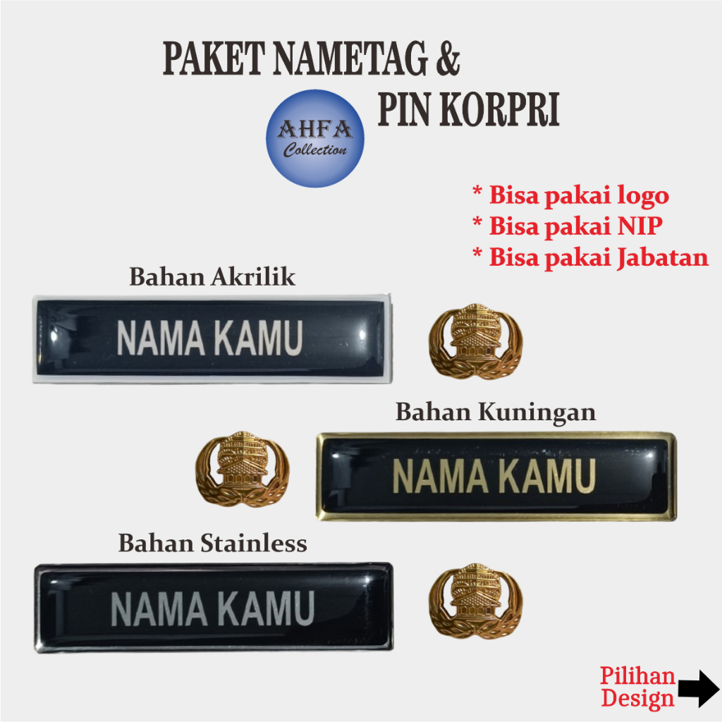 

Paket Nametag ASN PNS papan nama dada Terbaru Bahan Akrilik, Kuningan, Stainless Lencana Korpri (Nametag & Pin Kuningan)