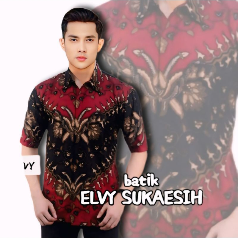 Elvy Sukaesih Kemeja Batik Pria Lengan Pendek Modern Seragam Kerja Dewasa Atasan Kantor Warna Merah